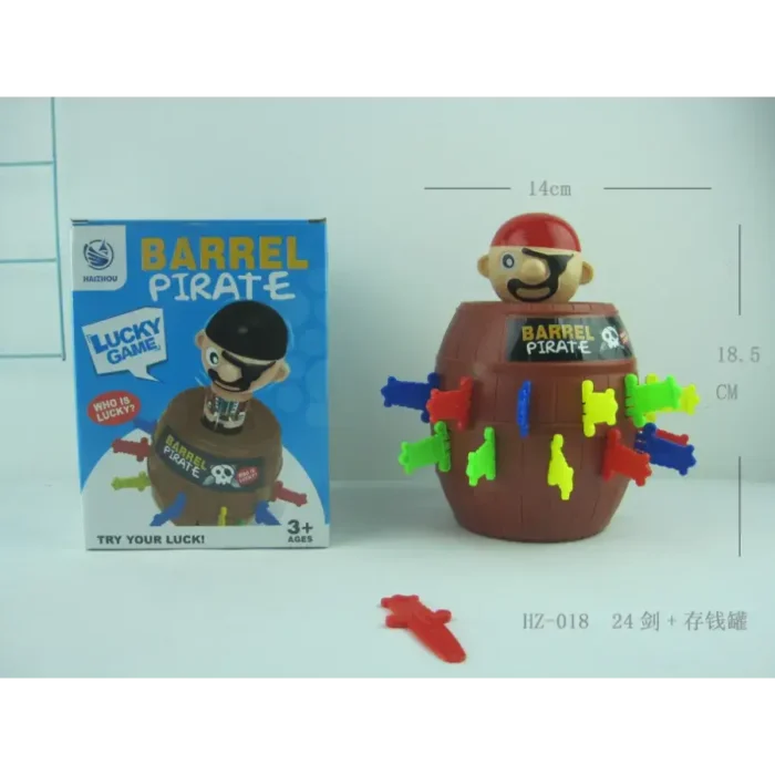 Barrel Pirate Game - HZ-018. A toy set for kids aged 3 and up, featuring a pirate figure inside a barrel with colorful swords inserted into the sides. The game box is shown next to the toy.