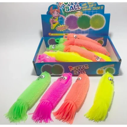 A box of squishy, colorful worm-shaped toys. The box says “Morph Ball” and “Squeeze It