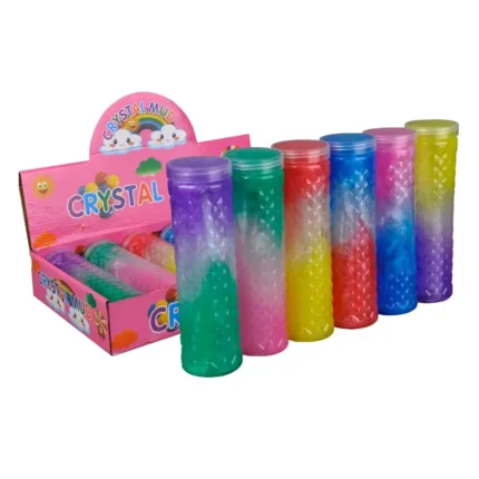 Colorful tubes of Sparkling Galaxy Slime, displayed in a pink box labeled 'Crystal Mud.' Each tube contains a gradient of vibrant colors including purple, green, yellow, red, blue, and pink, with a shiny, sparkling texture.