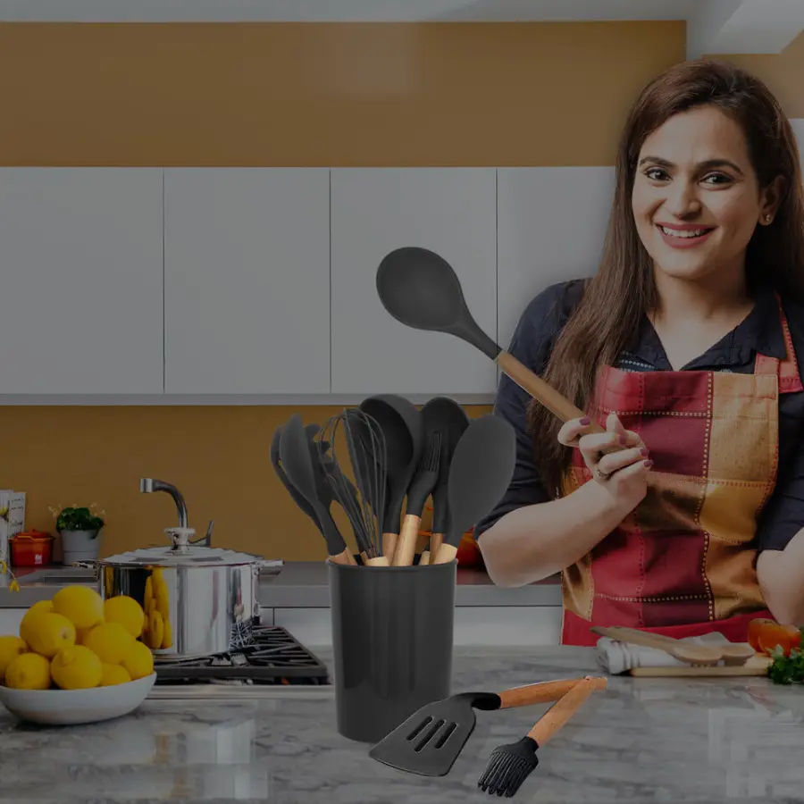 Sabichi Grey Silicone Slotted Spoon With Wooden Handle – Non-Stick Kitchen Utensil