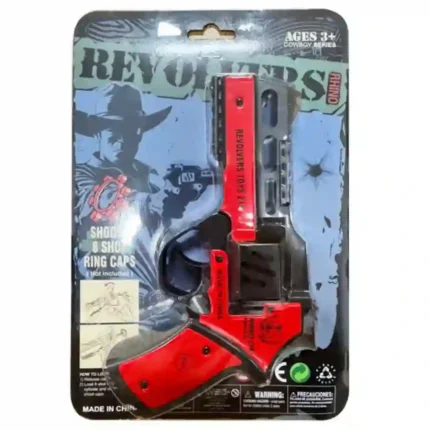 Red and black cowboy-style 8 shot ring cap toy revolver in retail blister packaging by SDMAX Toys Wholesaler UK