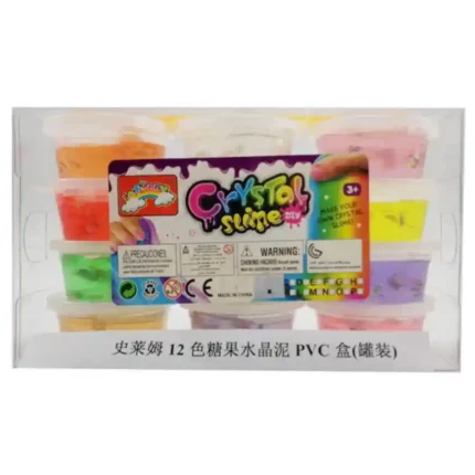 12 Colour Crystal Slime DIY Kit featuring twelve colourful stretchy slime tubs in a clear retail display box, suitable for children's sensory play and wholesale toy retailers.