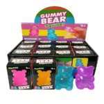 Colourful Gummy Bear Squishy Stress Toys in assorted colours supplied in a 12-piece retail display box. Slow-rising sensory fidget toy available from SDMAX Toys Wholesaler UK.