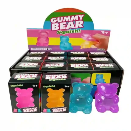 Colourful Gummy Bear Squishy Stress Toys in assorted colours supplied in a 12-piece retail display box. Slow-rising sensory fidget toy available from SDMAX Toys Wholesaler UK.