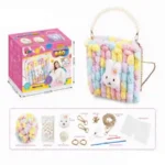 DIY Pom Pom Bag Craft Kit with colourful pom pom yarn, bunny decoration, pearl handle, chain strap and complete accessories by SDMAX Toys Wholesaler UK
