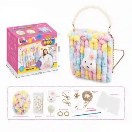 DIY Pom Pom Bag Craft Kit with colourful pom pom yarn, bunny decoration, pearl handle, chain strap and complete accessories by SDMAX Toys Wholesaler UK