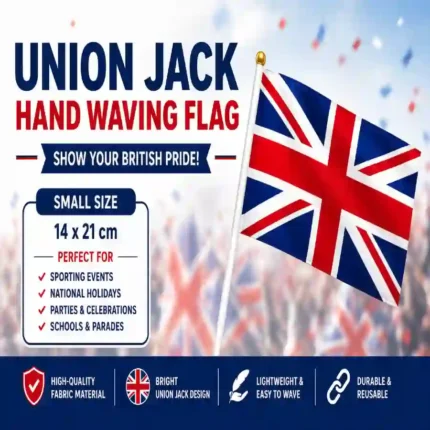 Premium Union Jack Hand Waving Flags available in 14×21cm sizes from SDMAX Toys Wholesaler. High-quality British fabric flags for sports events, celebrations, schools and retail.