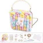 DIY Pom Pom Bag Craft Kit with colourful pom pom yarn, bunny decoration, pearl handle, chain strap and complete accessories by SDMAX Toys Wholesaler UK