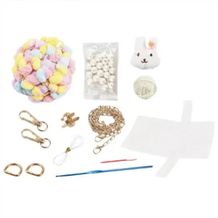 DIY Pom Pom Bag Craft Kit with colourful pom pom yarn, bunny decoration, pearl handle, chain strap and complete accessories by SDMAX Toys Wholesaler UK