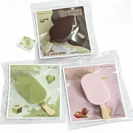 Chocolate, Matcha and Strawberry Ice Cream slow-rising squishy toys individually packaged in retail bags, perfect for stress relief, sensory play and wholesale toy retailers.