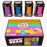 Colourful Gummy Bear Squishy Stress Toys in assorted colours supplied in a 12-piece retail display box. Slow-rising sensory fidget toy available from SDMAX Toys Wholesaler UK.