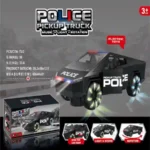 Black Police Pickup Truck Toy with LED lights, music, opening doors and rotating wheels in retail packaging by SDMAX Toys Wholesaler UK
