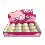 Rainbow Colour Crispy Ball Squishy slow-rise stress balls in assorted colours displayed in a 12-piece retail counter display box by SDMAX Toys Wholesaler.
