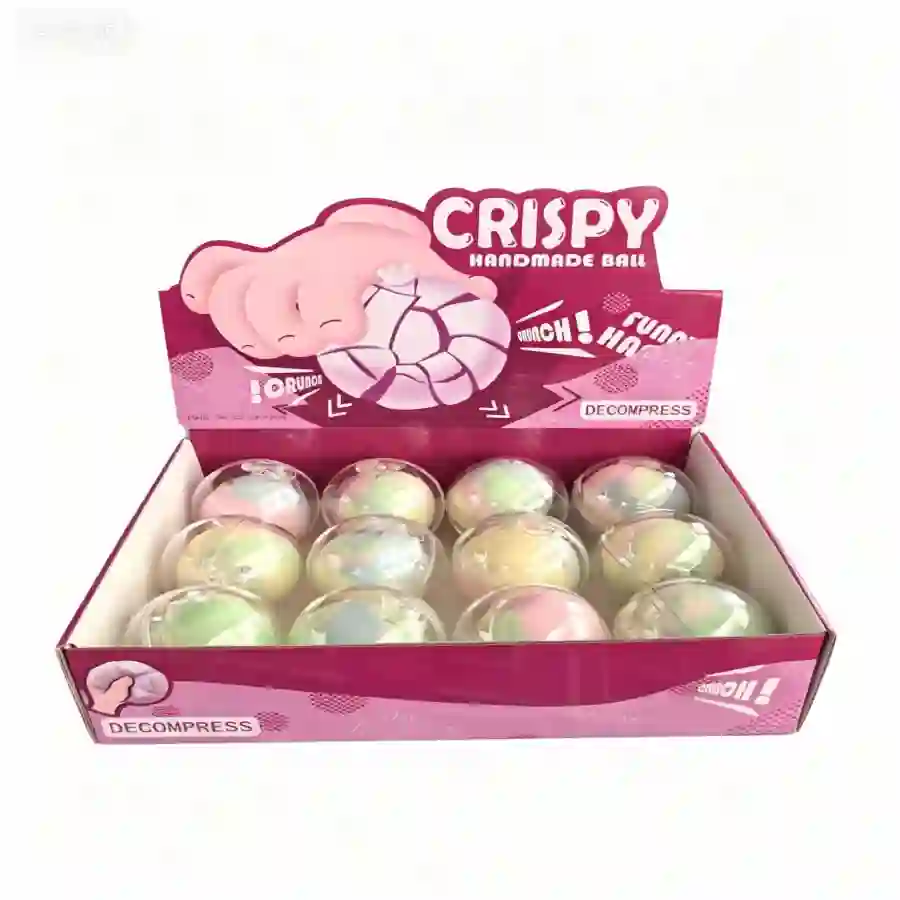 A519 Rainbow Colour Crispy Ball Squishy slow-rise stress balls in assorted colours displayed in a 12-piece retail counter display box by SDMAX Toys Wholesaler.