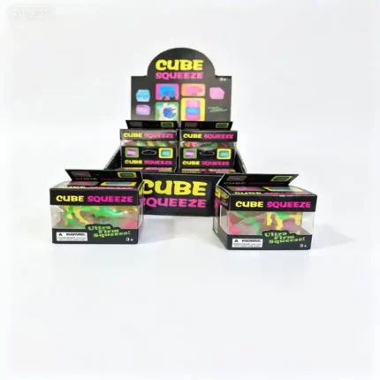 Sugar Cube Tie Dye Paint Squishy ultra firm squeeze fidget toy in colourful retail packaging with a 12-piece countertop display by SDMAX Toys Wholesaler.