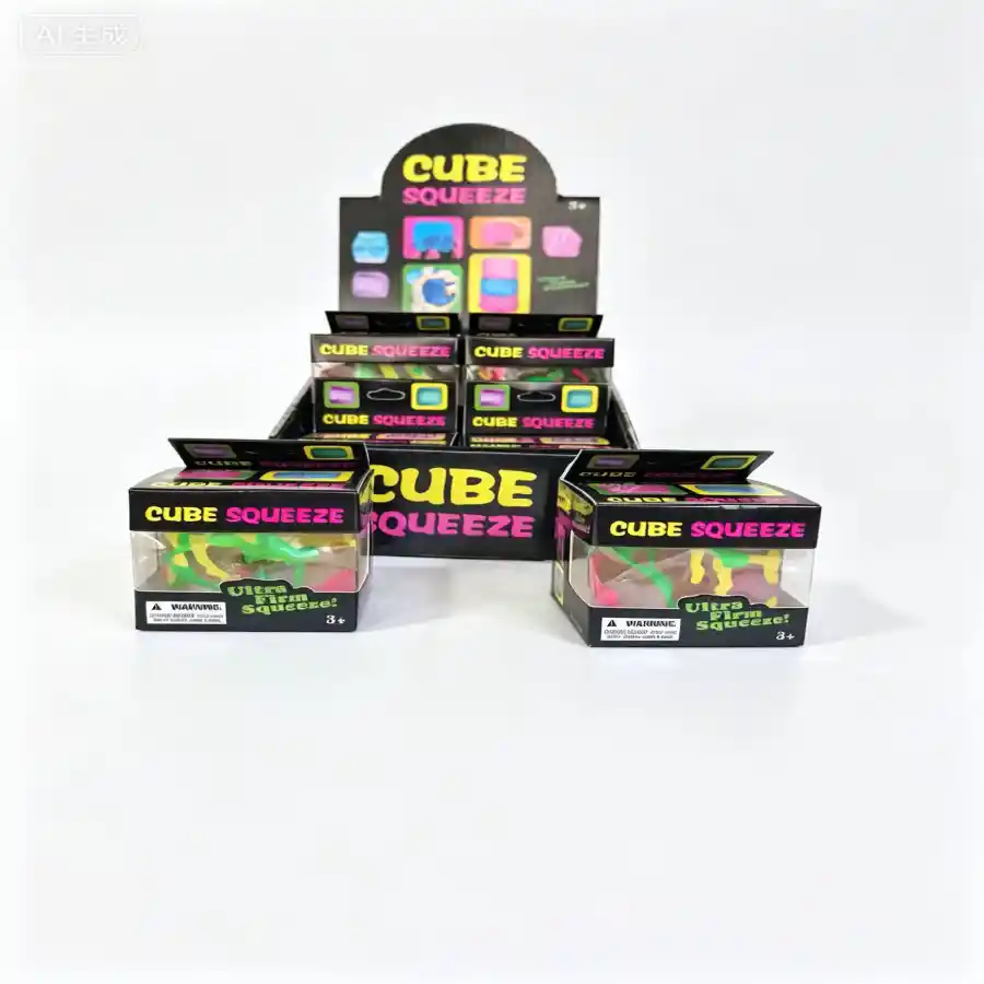 A520 Sugar Cube Tie Dye Paint Squishy ultra firm squeeze fidget toy in colourful retail packaging with a 12-piece countertop display by SDMAX Toys Wholesaler.