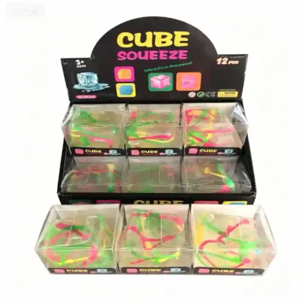 Sugar Cube Tie Dye Paint Squishy slow rise fidget toy in colourful transparent cube design displayed in a 12-piece retail display box supplied by SDMAX Toys Wholesaler.