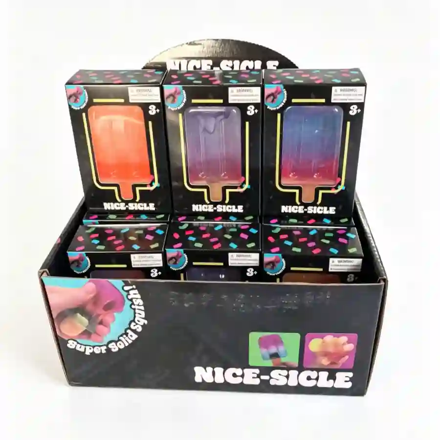 A522 Nice-Sicle Ice Cream Squishy slow-rise popsicle stress relief toy in assorted gradient colours, supplied in individual retail boxes and a 12-piece countertop display by SDMAX Toys Wholesaler.