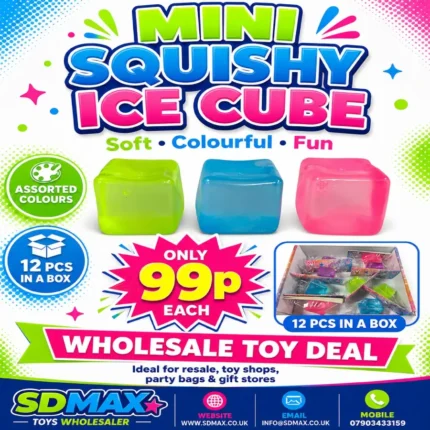 Mini Squishy Ice Cube stress toy in assorted green, blue and pink colours supplied in a 12-piece display box for wholesale by SDMAX Toys Wholesaler.