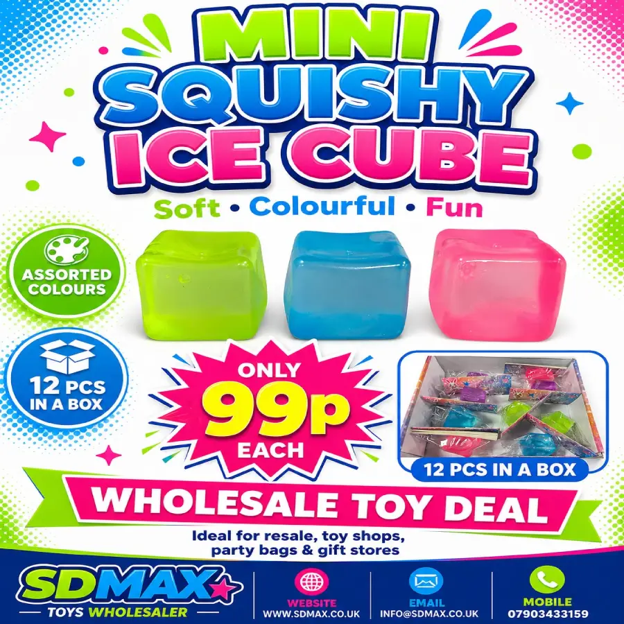 Mini Squishy Ice Cube Stress Toy Wholesale UK Mini Squishy Ice Cube stress toy in assorted green, blue and pink colours supplied in a 12-piece display box for wholesale by SDMAX Toys Wholesaler.