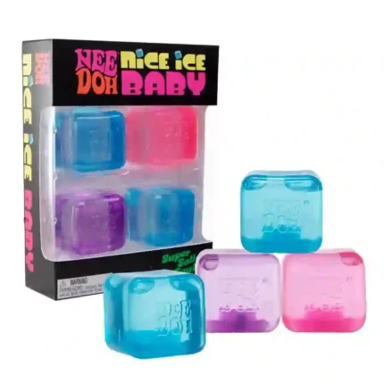 Nice Ice Baby Ice Cube Squishy sensory stress relief toy in premium retail packaging, featuring colourful ice cube designs and squeeze demonstration images, available wholesale from SDMAX Toys Wholesaler.