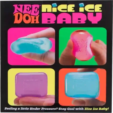 Nice Ice Baby Ice Cube Squishy sensory stress relief toy in premium retail packaging, featuring colourful ice cube designs and squeeze demonstration images, available wholesale from SDMAX Toys Wholesaler.