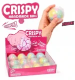 Rainbow Colour Crispy Ball Squishy slow-rise stress balls in assorted colours displayed in a 12-piece retail counter display box by SDMAX Toys Wholesaler.
