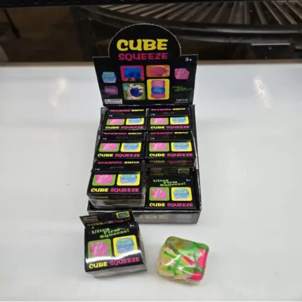 Sugar Cube Tie Dye Paint Squishy ultra firm squeeze fidget toy in colourful retail packaging with a 12-piece countertop display by SDMAX Toys Wholesaler.