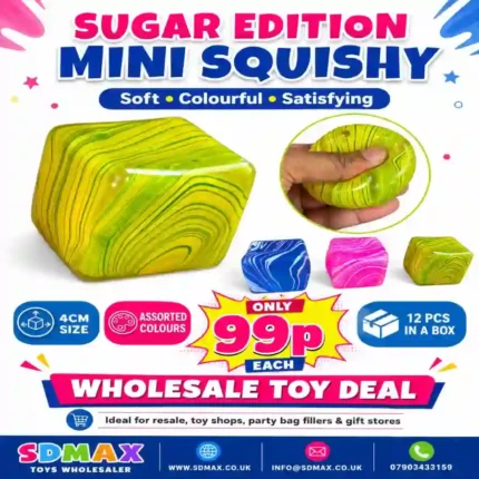 Sugar Edition Mini Squishy Cube 4cm soft marble-effect stress toy in assorted colours supplied in a 12-piece wholesale display box by SDMAX Toys Wholesaler.