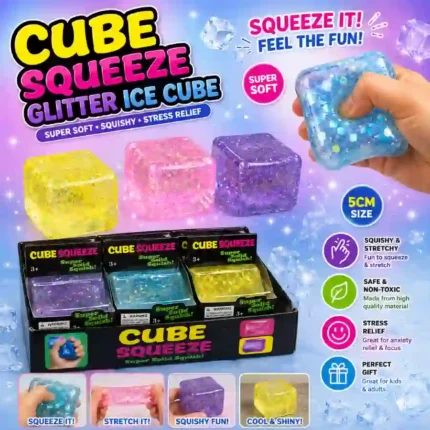 5cm Sugar Edition Glitter Cube Squeeze Ball – random colors, 12 pcs per box