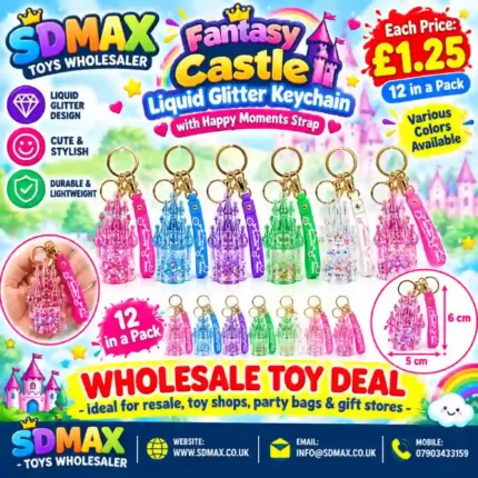 Liquid Glitter Castle Keychain with Floral Strap Charm | Cute Floating Glitter Keyring Wholesale