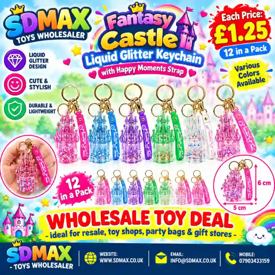 Liquid Glitter Castle Keychain with Floral Strap Charm | Cute Floating Glitter Keyring Wholesale Liquid Glitter Castle Keychain with Floral Strap Charm | Cute Floating Glitter Keyring Wholesale