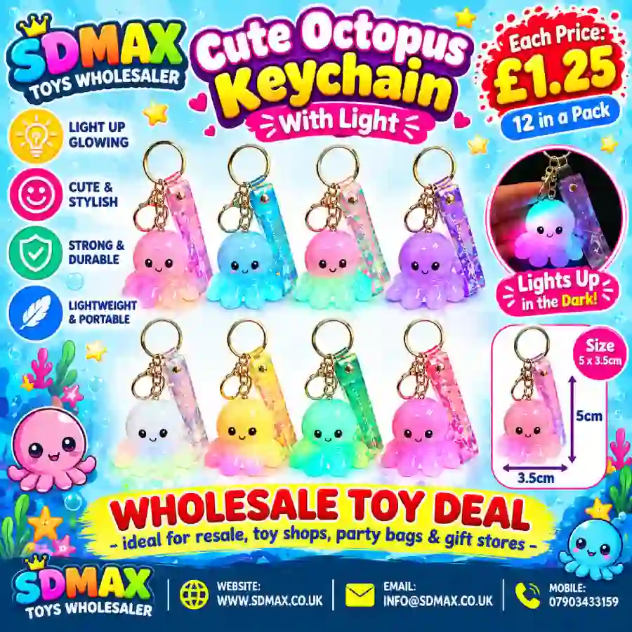 Light Up Glowing Baby Octopus Keychain with Holographic Strap Light Up Glowing Baby Octopus Keychain with Holographic Strap