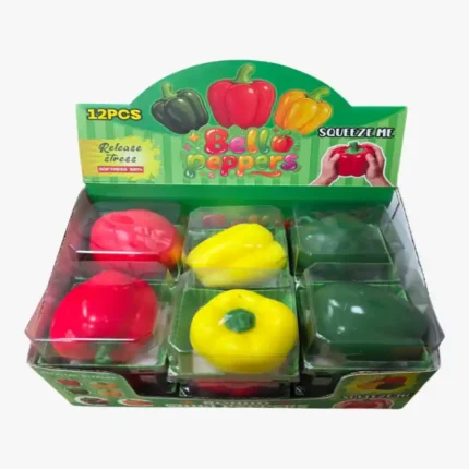 Cute Bell Pepper Squeeze Toy measuring 8×7cm, designed in colorful red, yellow, and green pepper shapes. Its soft, squeezable design provides a fun tactile experience and makes it an attractive novelty item for toy shops, gift stores, resellers, and online sellers.