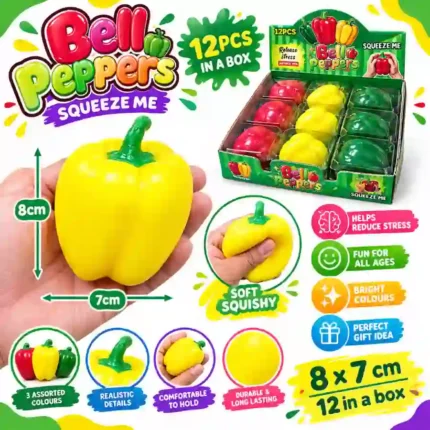 Cute Bell Pepper Squeeze Toy measuring 8×7cm, designed in colorful red, yellow, and green pepper shapes. Its soft, squeezable design provides a fun tactile experience and makes it an attractive novelty item for toy shops, gift stores, resellers, and online sellers.
