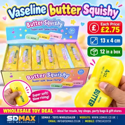 Butter Squishy Toy wholesale box with 12 soft slow rising sensory fidget toys for resale, party bags and gift shops from SDMAX Toys Wholesaler