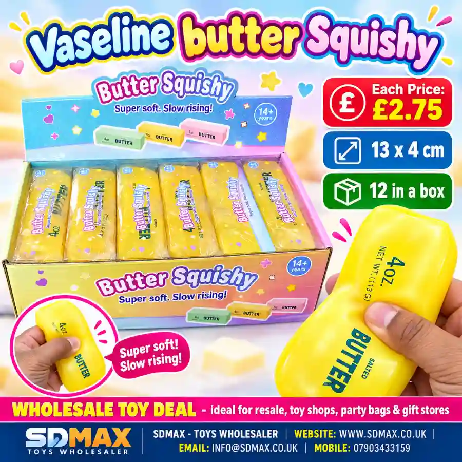 Butter Squishy Toy Wholesale Pack – SDMAX Toys Wholesaler (1) Butter Squishy Toy wholesale box with 12 soft slow rising sensory fidget toys for resale, party bags and gift shops from SDMAX Toys Wholesaler