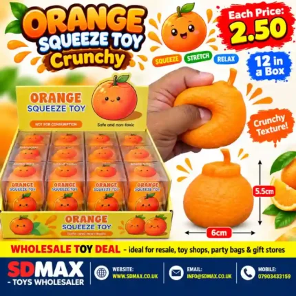 Orange crunchy squeeze sensory toy 6cm with 12-piece wholesale display box from SDMAX Toys Wholesaler