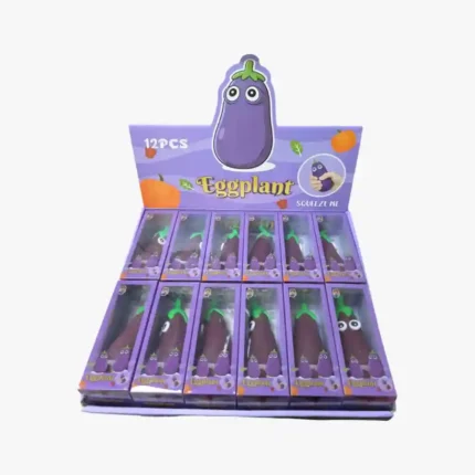 Cute Eggplant Squeeze Toy measuring 15×5cm, designed with an adorable cartoon-style eggplant character and soft, squeezable construction. Perfect for toy shops, gift stores, novelty collections, party favors, and retail displays.