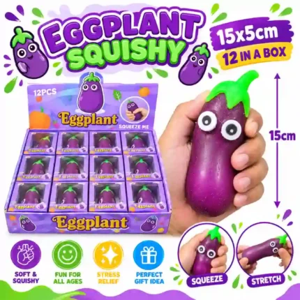 Cute Eggplant Squeeze Toy measuring 15×5cm, designed with an adorable cartoon-style eggplant character and soft, squeezable construction. Perfect for toy shops, gift stores, novelty collections, party favors, and retail displays.