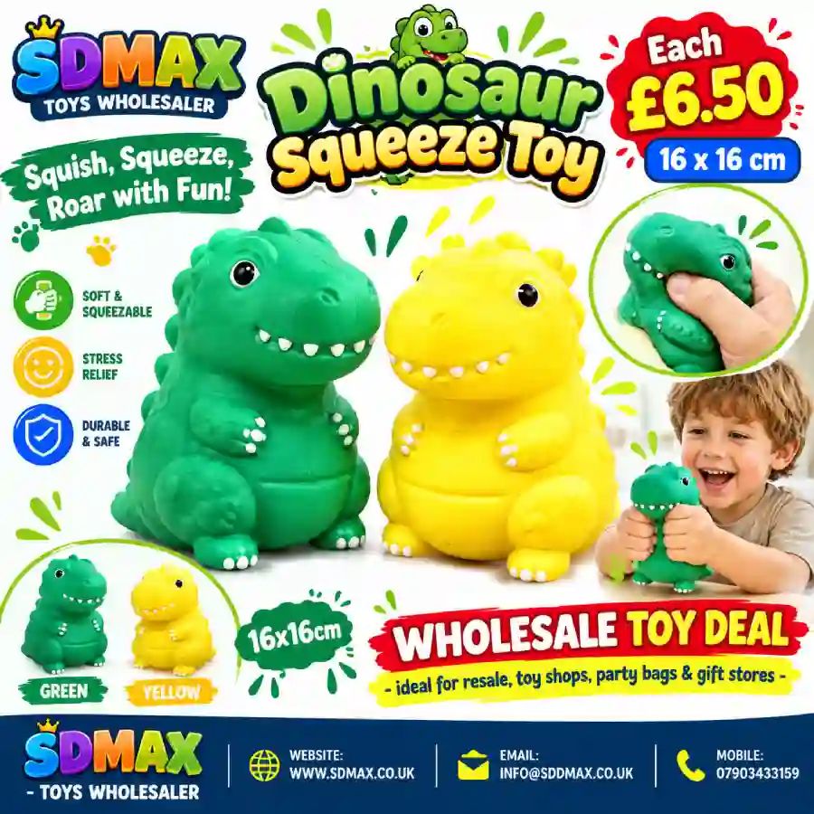 Dinosaur Squeeze Toy 16x16cm – Wholesale (4) SDMAX Dinosaur Squeeze Toy Green and Yellow 16x16cm Soft Stress Relief Toy