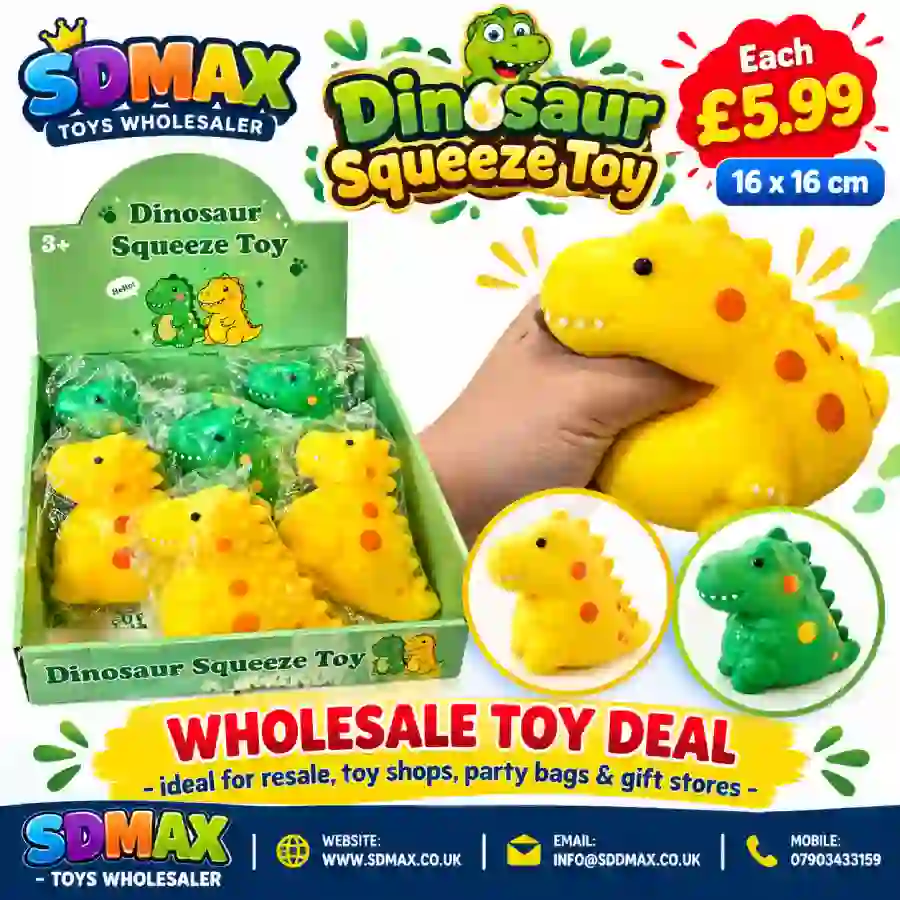 Dinosaur Squeeze Toy 16x16cm – Wholesale Dinosaur Squeeze Toy 16x16cm in green and yellow – SDMAX Toys Wholesaler