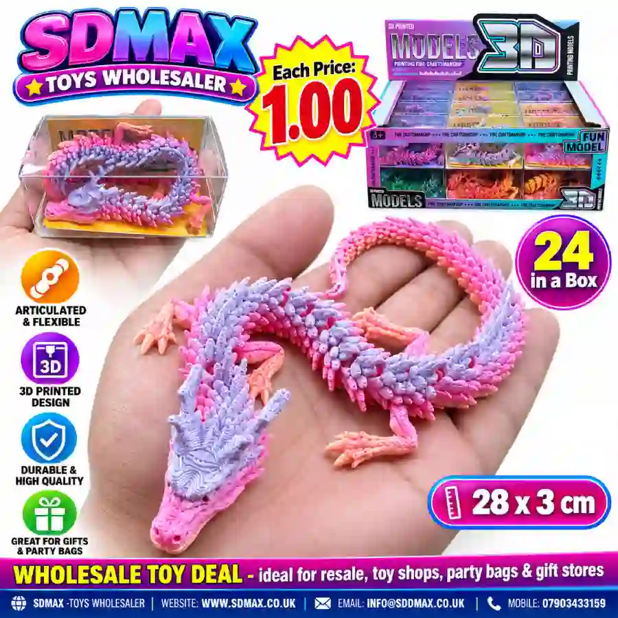 Flexible Dragon Fidget Toy Bulk Supplier _ SDMAX Toys 3D printed flexible dragon toy in display box from SDMAX Toys Wholesaler