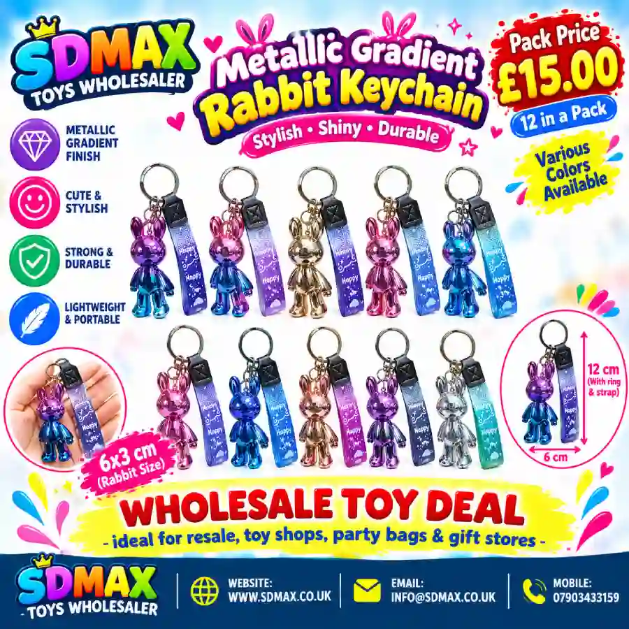 Gradient Chrome Bunny Keychain Bulk Pack for Resellers (7) Metallic Gradient Rabbit Keychain with Cosmic Wrist Strap | Wholesale Bunny Keyring