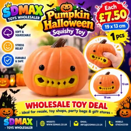 Halloween pumpkin squishy toy, pumpkin squishy, Halloween squeeze toy, pumpkin squeeze toy, Halloween stress toy, pumpkin stress relief toy, jack o lantern squishy, Halloween fidget toy, soft squishy toy, pumpkin novelty toy, Halloween party bag toy, kids Halloween toy, 19x13cm pumpkin toy, orange pumpkin toy, wholesale Halloween toys