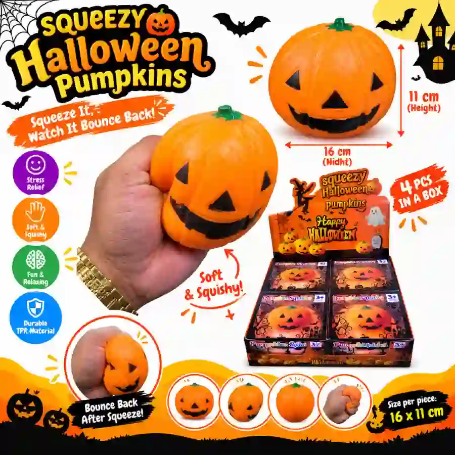 Halloween Pumpkin Squishy Toy – 16×11cm _ 4 Pcs Display Box Halloween Pumpkin Squishy Toy 16x11cm 4pcs display box – SDMAX Toys Wholesaler