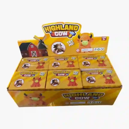 Highland Cow toy figure wholesale pack with 6 colourful animal toys for resale, party bags and gift shops from SDMAX Toys Wholesaler