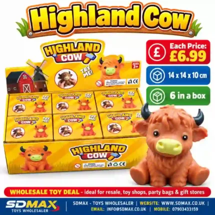 Highland Cow toy figure wholesale pack with 6 colourful animal toys for resale, party bags and gift shops from SDMAX Toys Wholesaler