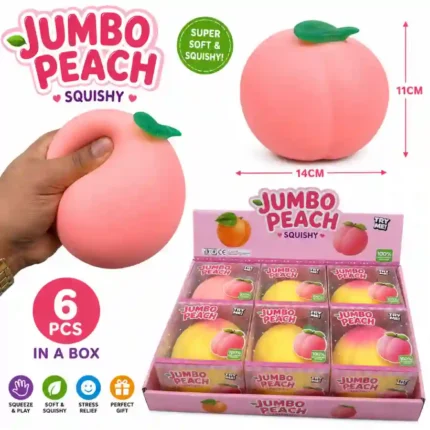 Jumbo Peach Squishy Toys wholesale. 11×14cm soft and squeezable sensory fidget toys with individual packaging, 6 pieces per display box.