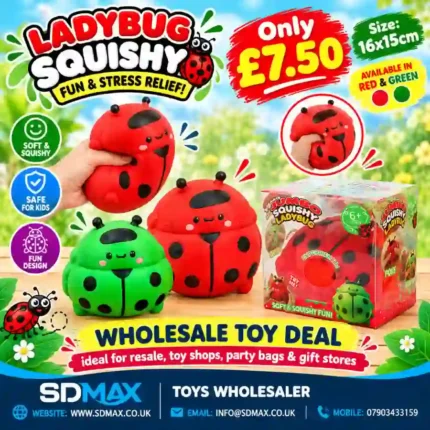 Ladybug Squishy Toy 16×15cm in Red and Green – Soft Squeeze Stress Relief Toy | SDMAX Toys Wholesaler